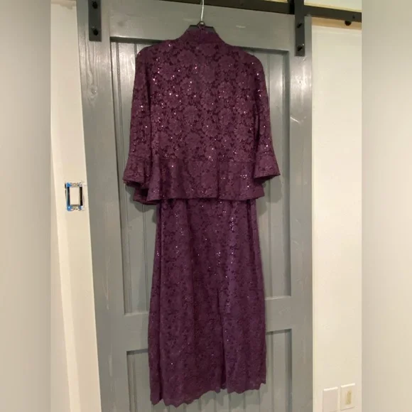 Eggplant color formal dress with removable short sleeve jacket - Picture 2 of 5